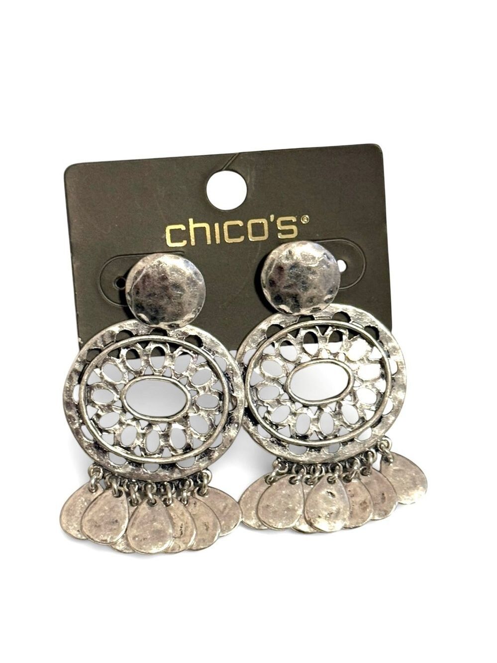 Chico's Silver Filigree Fringe Statement Earrings NWT - Picture 3 of 8